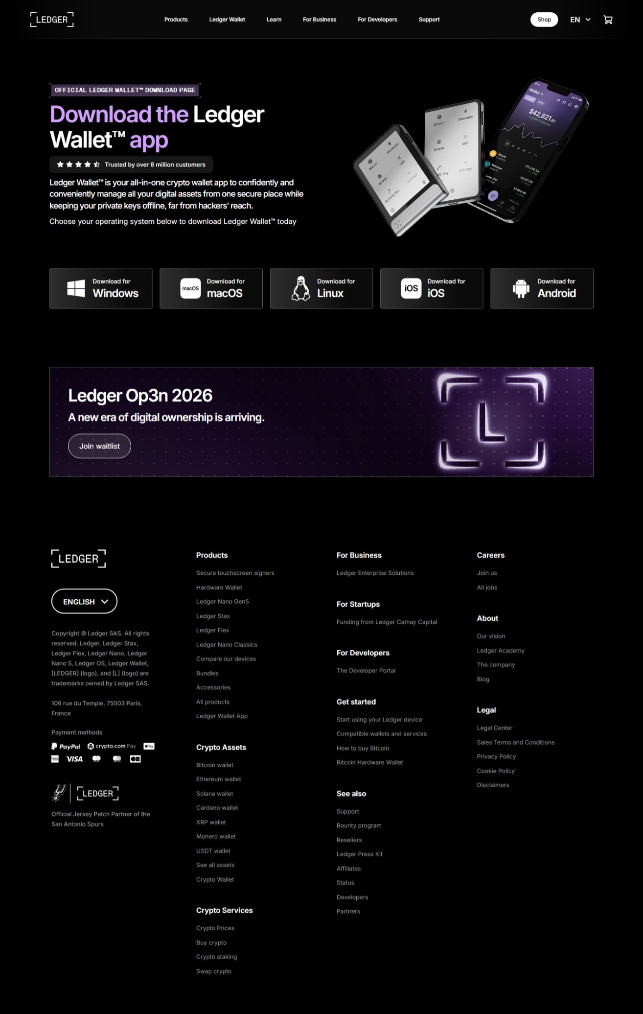 Screenshot of the Ledger Wallet app download page